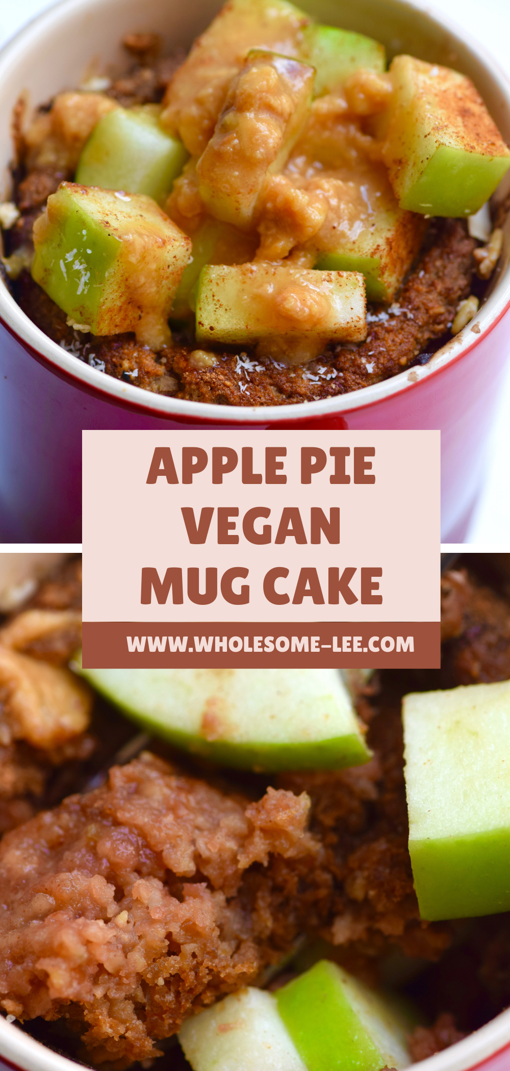 Apple pie vegan mug cake topped with apples and caramel sauce