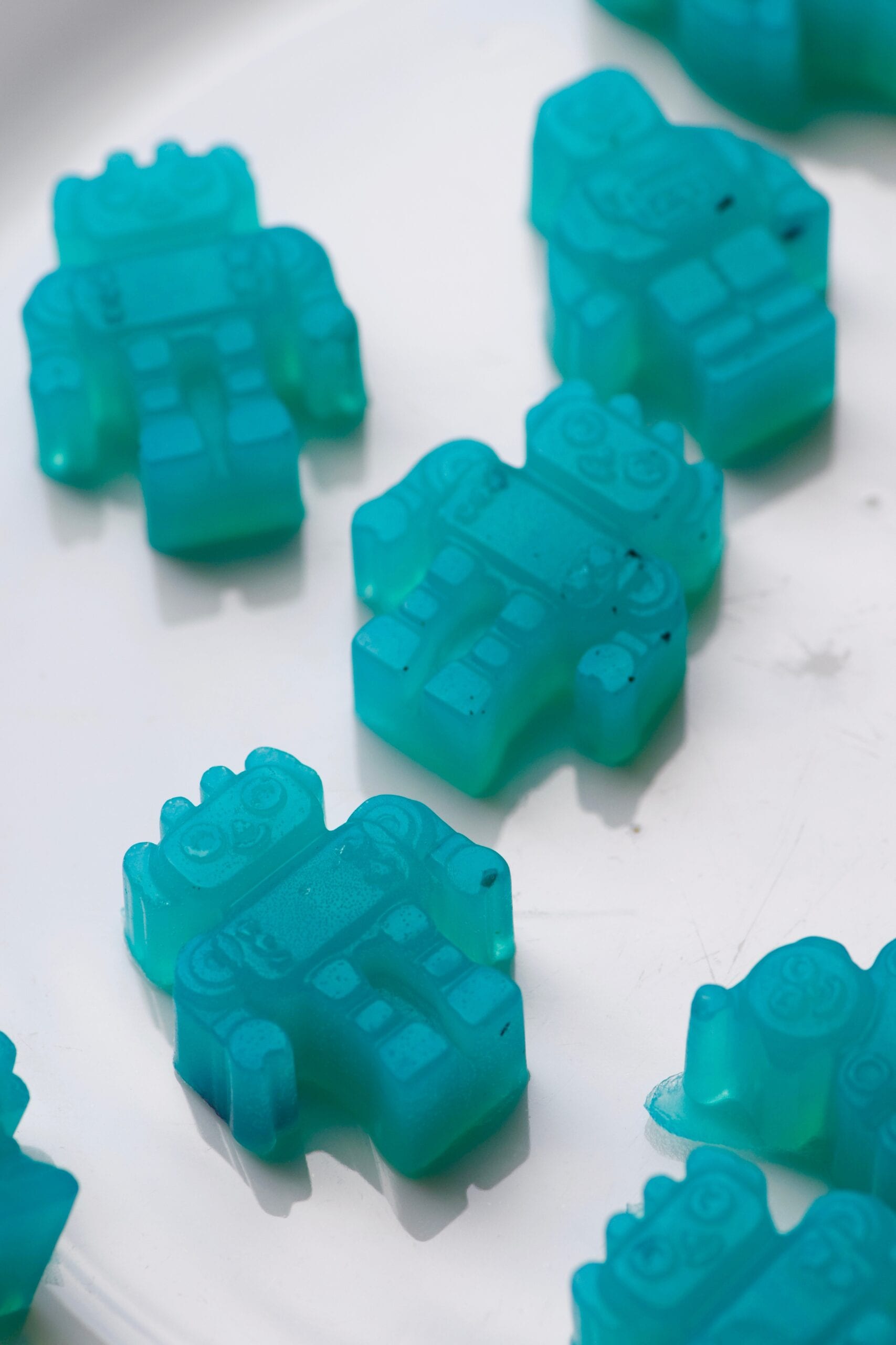 Blueberry vegan gummies in robot shapes