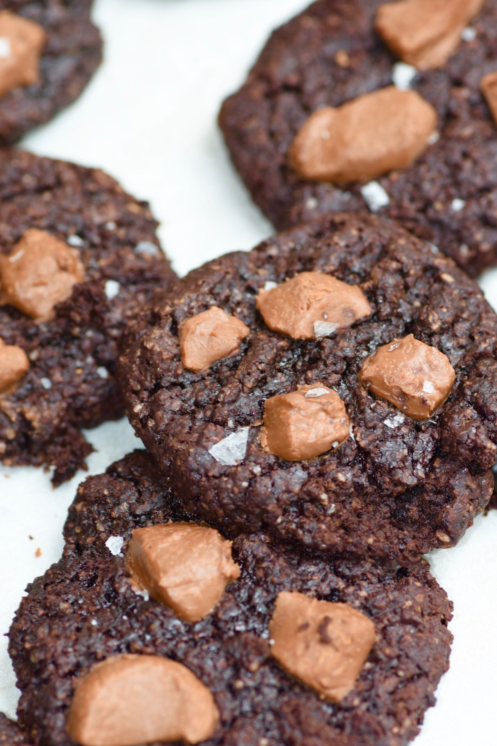 Baked dark chocolate fudgy chocolate brownie cookies with sea salt