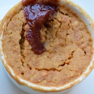 Peanut butter and jelly mug cake with oozing center