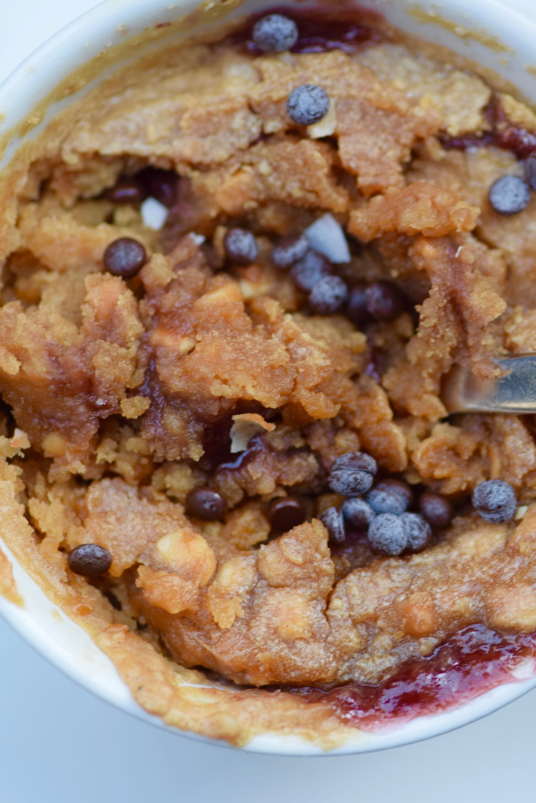 Peanut butter and jelly mug cake with chocolate chips