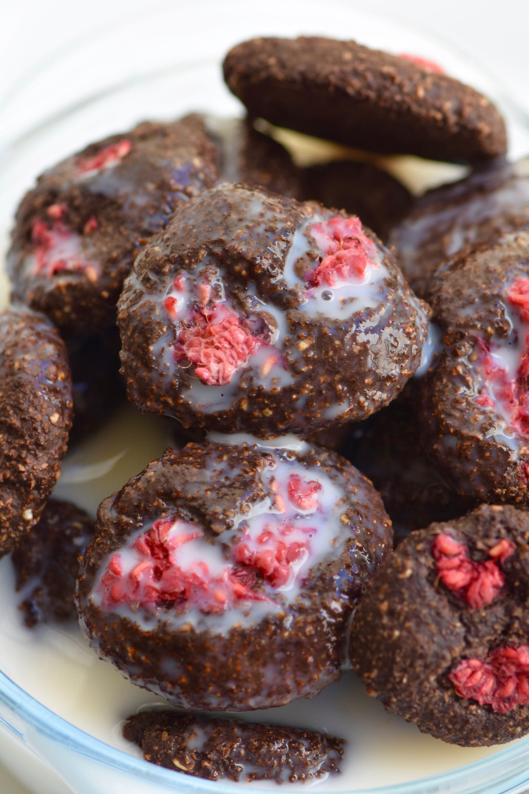 Raspberry Chocolate brownie cookie cereal with milk