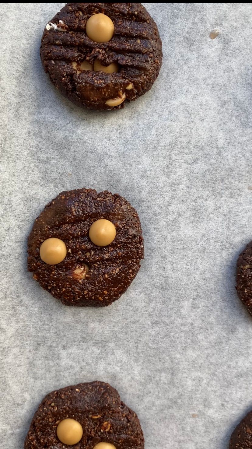 Pressing dough for the Peanut Butter Caramel Chocolate Chip Cookies