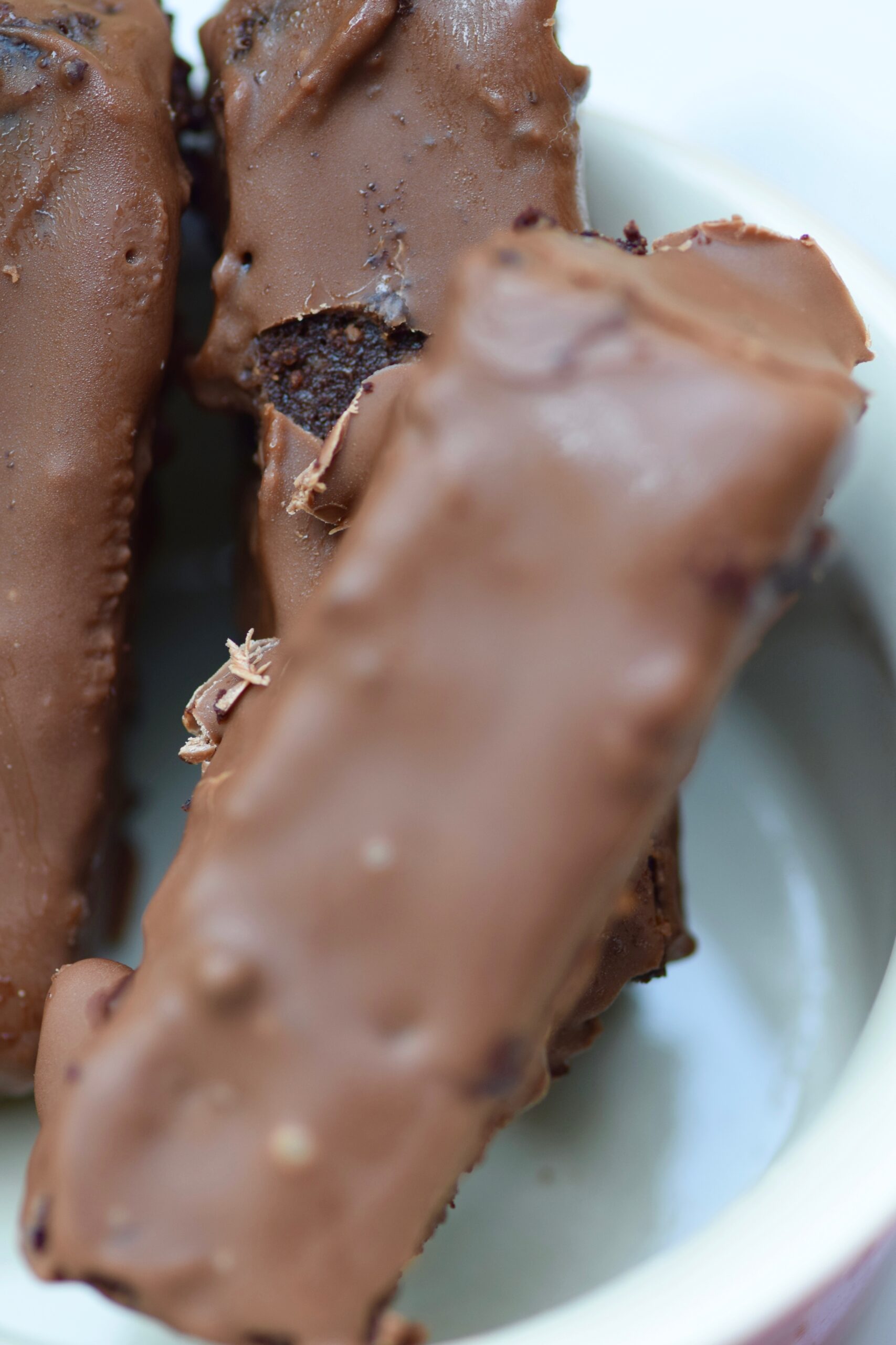 Chocolate coated soft baked brownie fries